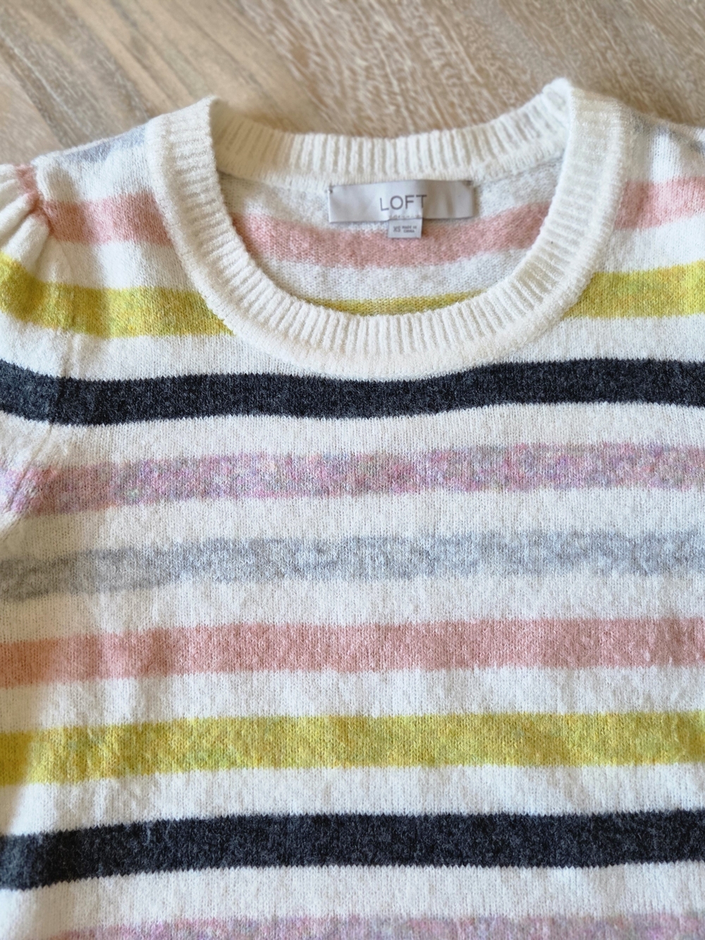 LOFT Cream Striped Crewneck Sweater with Pink, Yellow & Gray Accents